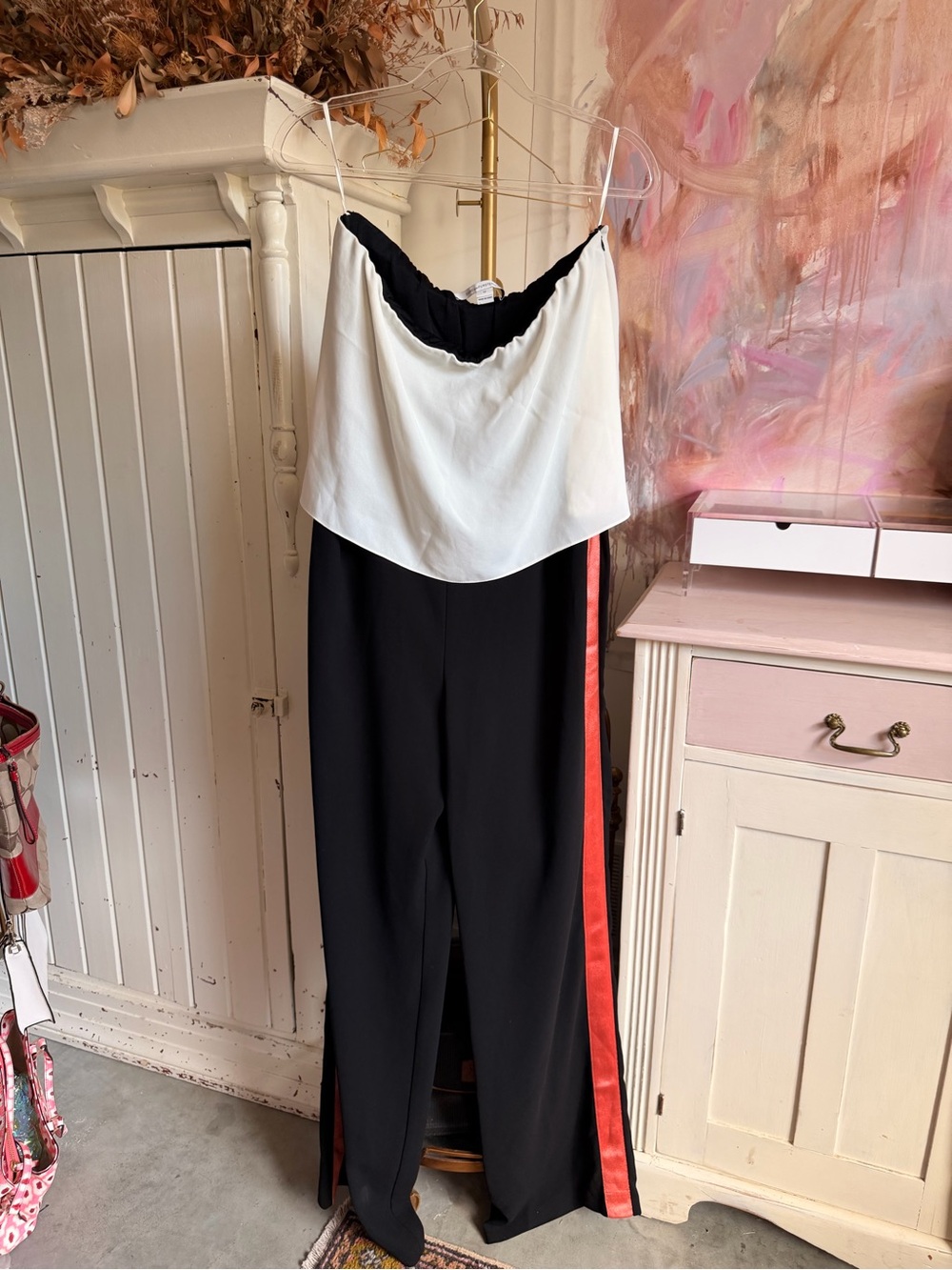 Diane Von Furstenberg Strapless Wide-Leg Jumpsuit in Black, White & Red
